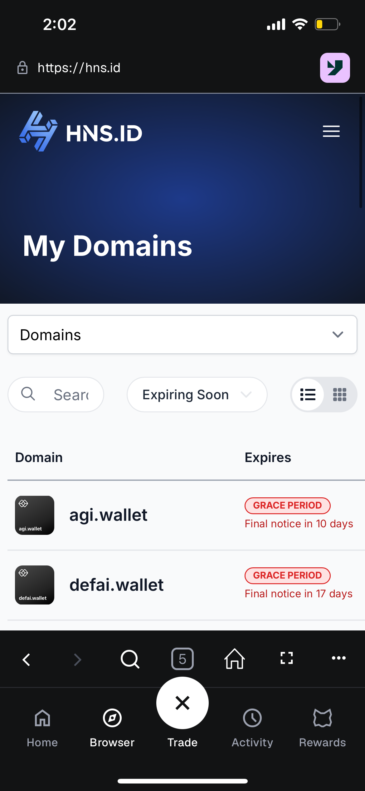 My Domains dashboard showing agi.wallet and defai.wallet in grace period